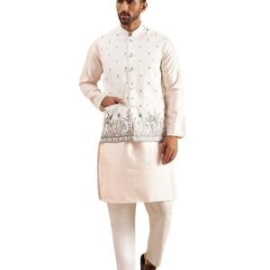 SOJANYA Men's Silk Blend Pink Kurta & White Pyjama With Daman Embroidered Nehru Jacket