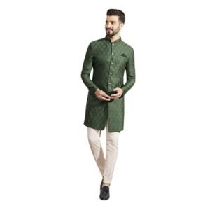 kisah-mens-indo-western-sherwani-trouser-set-olive-silk-blend-woven-design-regular-fit-mandarin-collar-long-sleeves