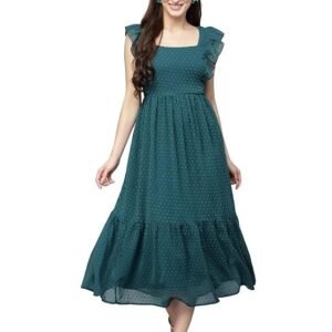 Sugathari Georgette Jacquard Butti Square Neck Knee Length Western Dresses for Women (Dress2 89)