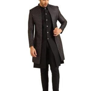 kisah-mens-indo-western-waistcoat-sherwani-trouser-set-black-jacquard-woven-design-regular-fit-mandarin-collar-long-sleeves