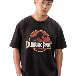The Souled Store Official Jurassic Park: Logo Vintage Wash Men and Boys Short Sleeves Round Neck Black Graphic Printed Cotton Oversized T-Shirts