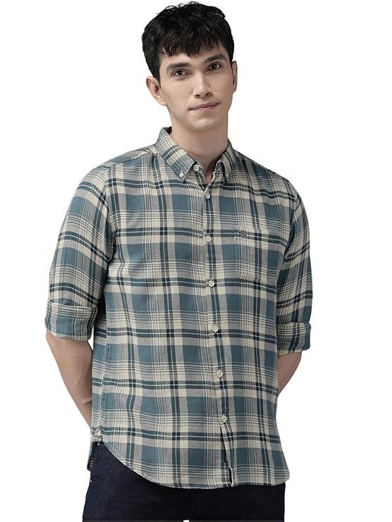 THE BEAR HOUSE Men's Checked Slim Fit Flannel Casual Shirt | Blue & White | TBH-BASTA-BL